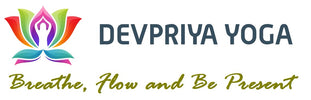 A logo banner for Devpriya Yoga featuring a colorful stylized lotus flower with a meditating figure inside, the text 'DEVPRIYA YOGA' in dark blue-gray, and the phrase 'Breathe, Flow and Be Present' in olive green script on a white background.